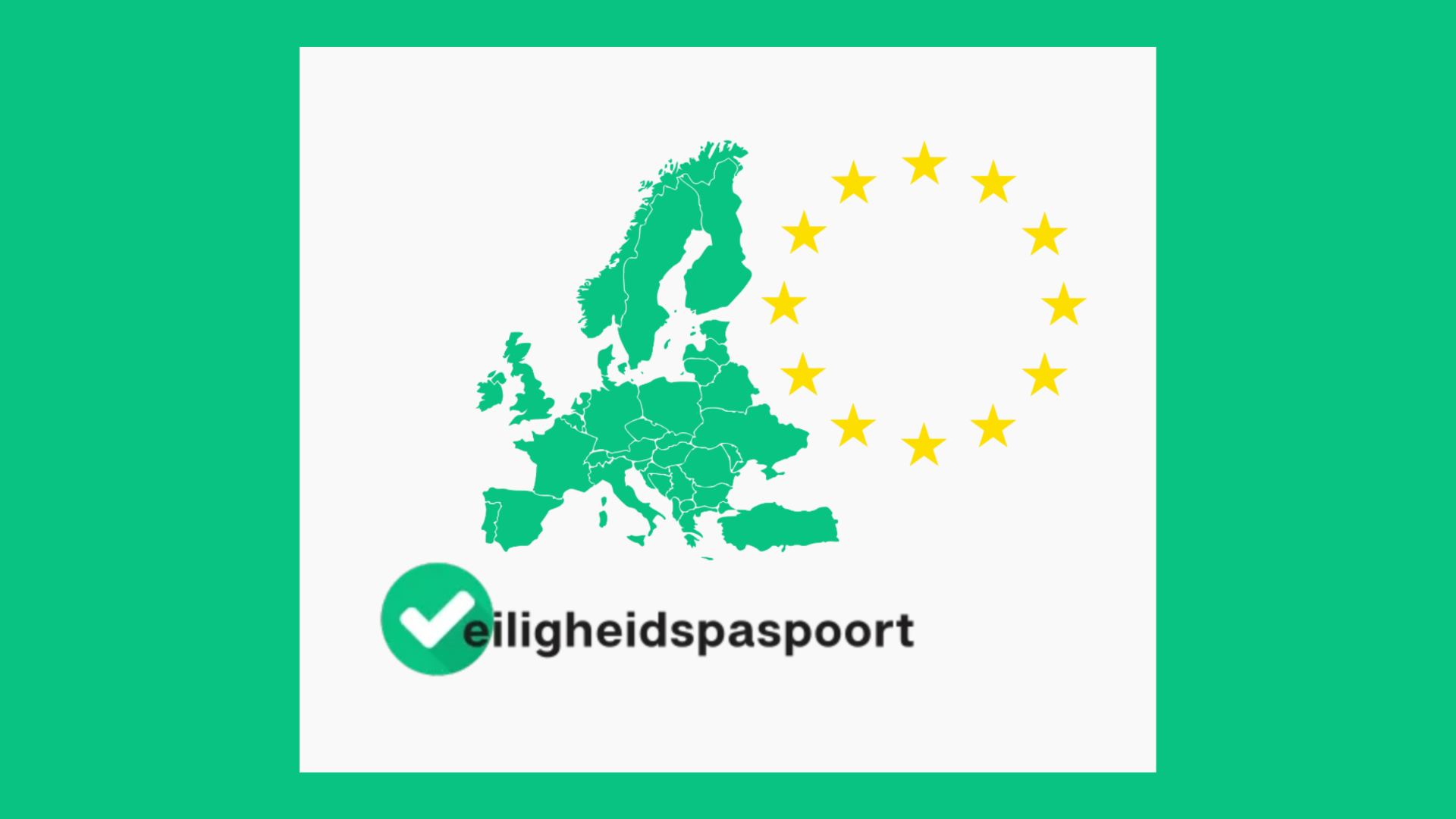logo van het veiligheidspaspoort: kaart van europa met de landen in de groene huisstijlkleur van SFP met daarnaast de Europese cirkel van 12 gouden sterren 