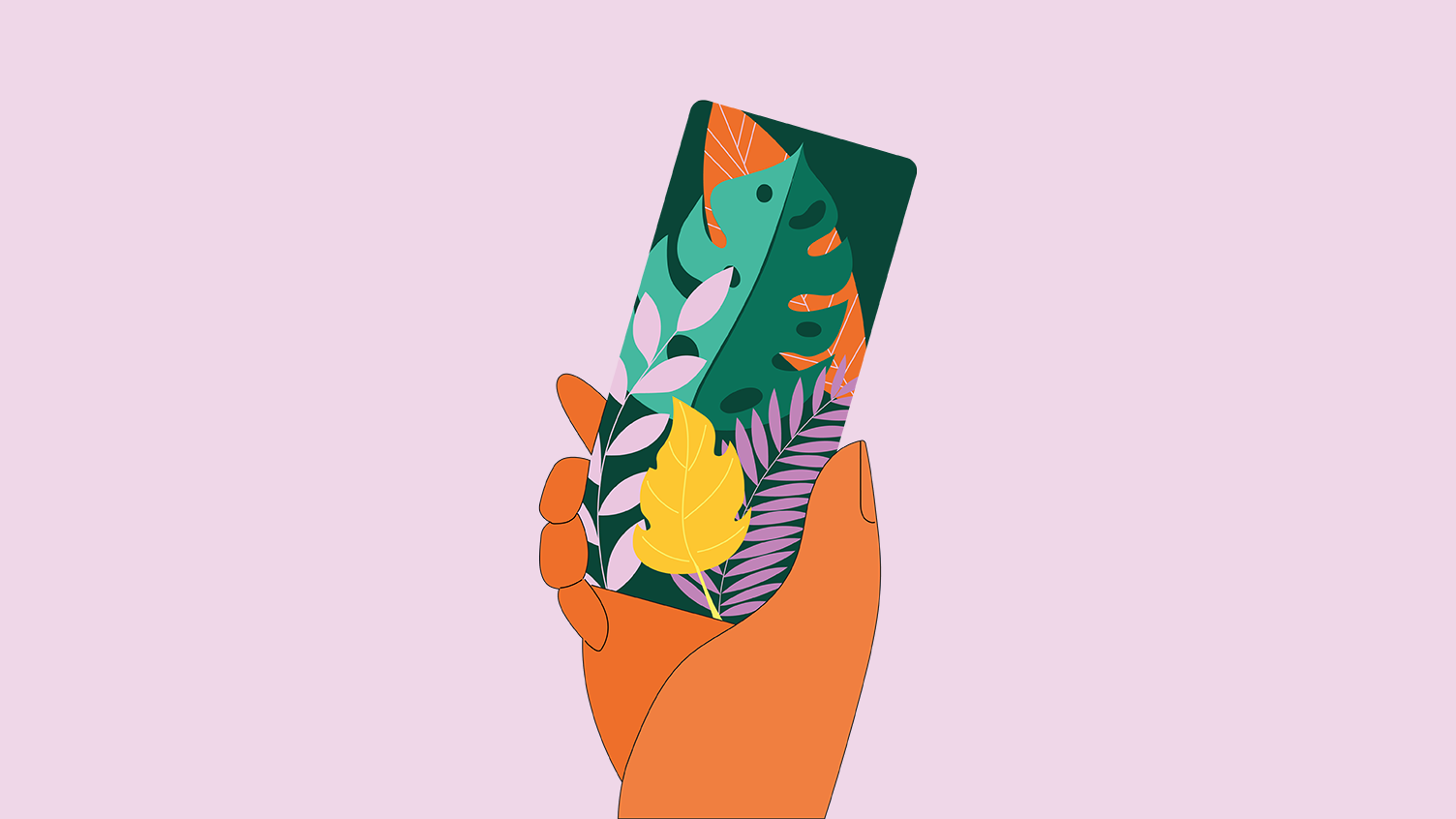 illustratie van een hand met een telefoon met bloemen erop