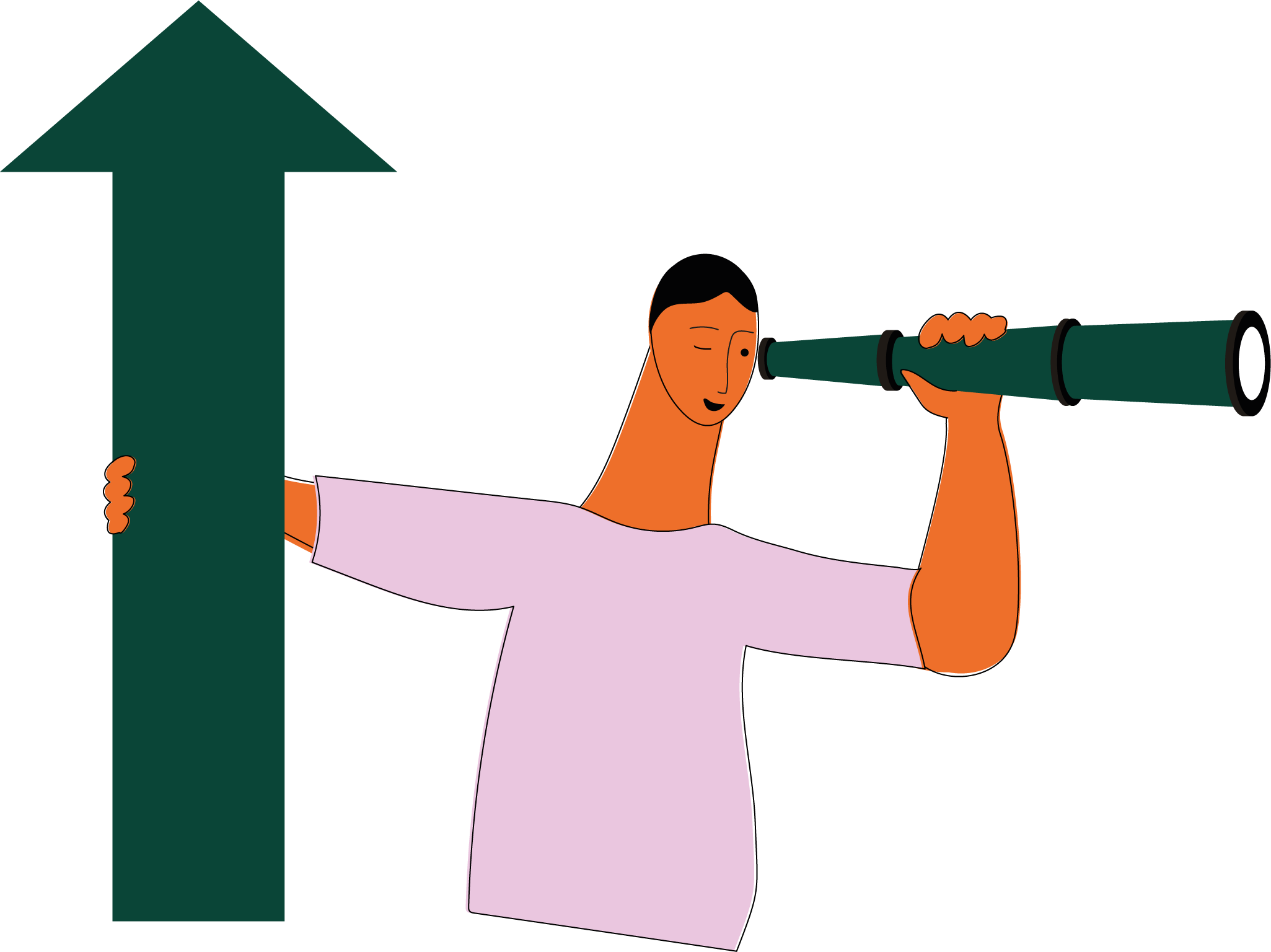 illustratie met persoon met in de ene hand een pijl omhoog, en in de andere hand een verrekijker